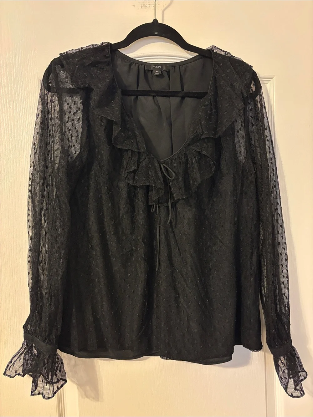 J. Crew Black Sheer Ruffle Tie-Neck Blouse